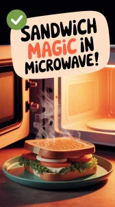 A freshly reheated sandwich in a microwave, showcasing steam and delicious ingredients, ideal for how to reheat sandwich in microwave.