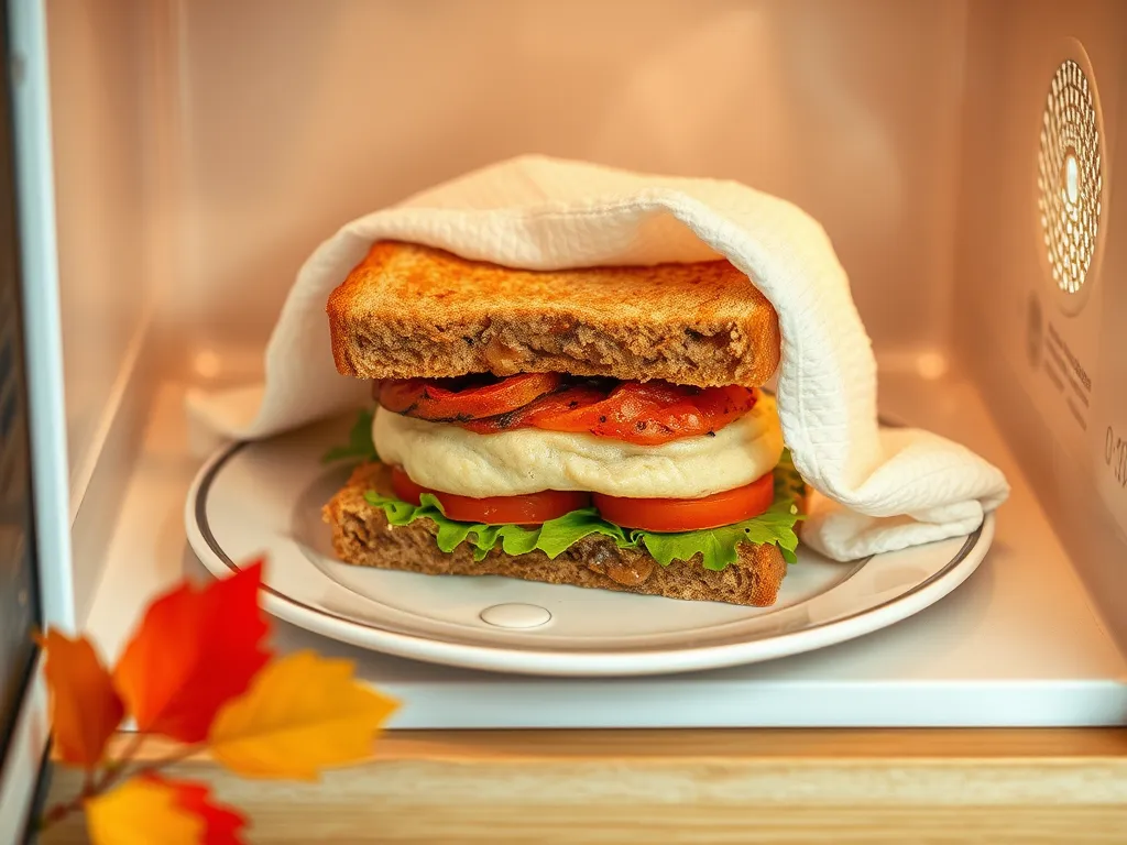 A sandwich covered with a napkin inside a microwave for reheating.
