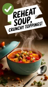 A bowl of soup with crunchy toppings, demonstrating the lid trick for reheating soup.