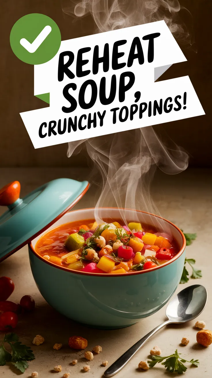 A bowl of soup with crunchy toppings, demonstrating the lid trick for reheating soup.