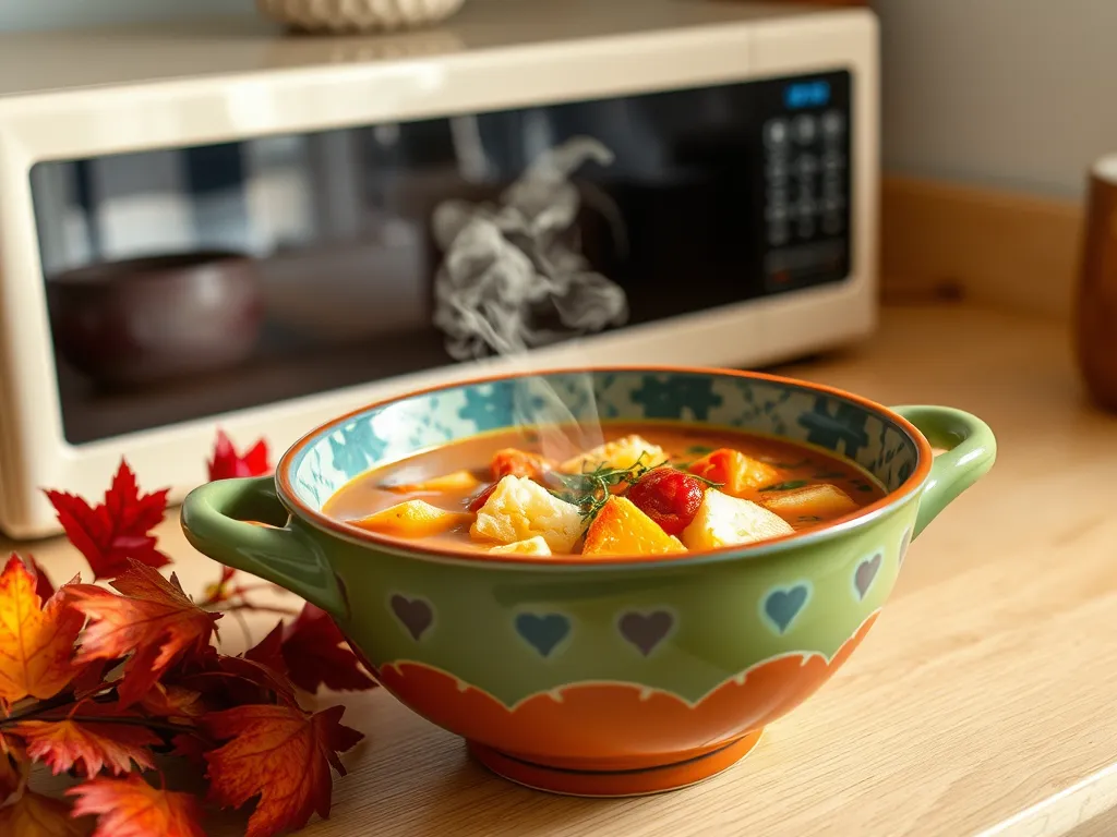 Bowl of steaming soup beside a microwave, demonstrating the lid trick to reheat soup and keep toppings crunchy.