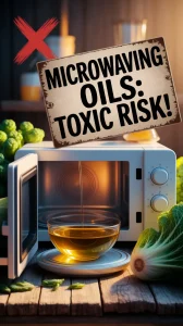 A microwave with a warning about the toxic risks of reheating oils, emphasizing how it turns healthy fats toxic.