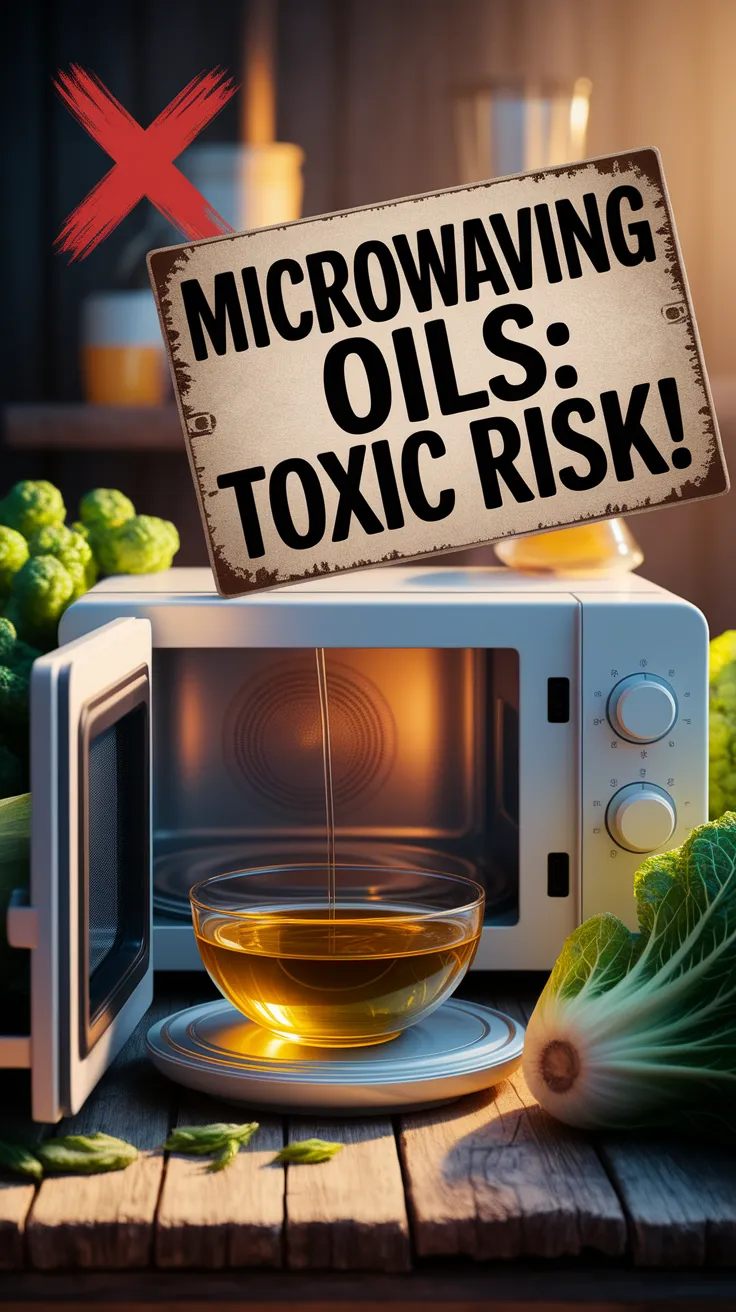 A microwave with a warning about the toxic risks of reheating oils, emphasizing how it turns healthy fats toxic.