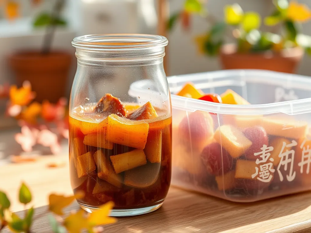 A glass jar and a plastic container with oily food, highlighting concerns about reheating oily foods in plastic and toxin leaching.