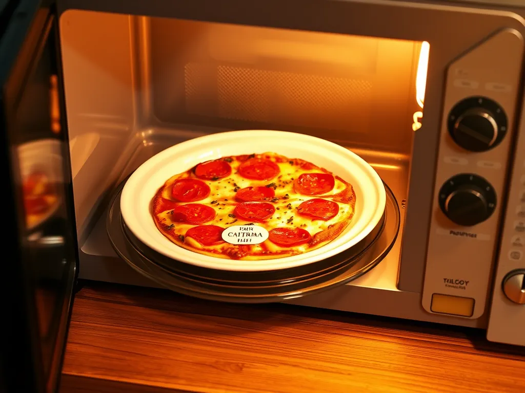 Pizza being reheated in a microwave, highlighting concerns about leaching toxins from plastic.