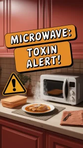 Microwave warning about toxins when reheating oily foods in plastic containers.