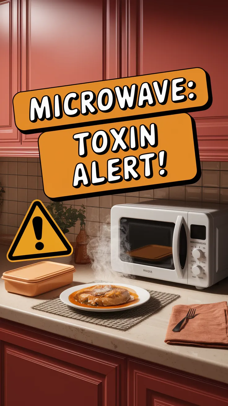 Microwave warning about toxins when reheating oily foods in plastic containers.
