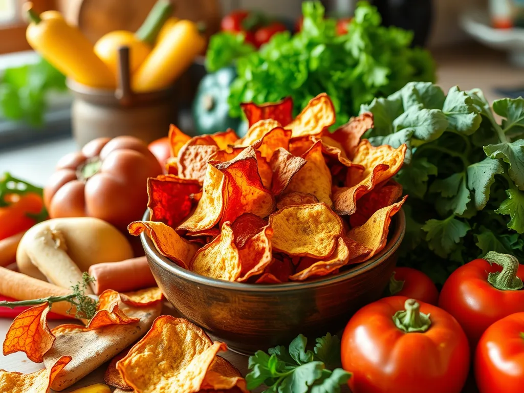 A bowl of colorful veggie chips surrounded by fresh vegetables, illustrating how to reheat veggie chips in the microwave.