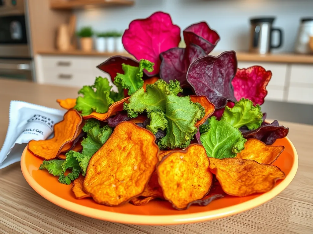 A colorful plate of veggie chips and greens, illustrating the question Can You Reheat Veggie Chips Without Losing Crunch?