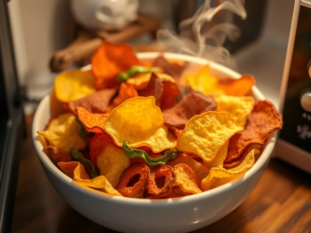 A bowl of colorful veggie chips steaming, illustrating how to reheat veggie chips in the microwave without sogginess.