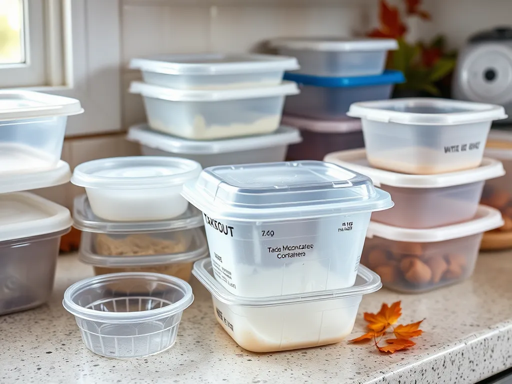 Plastic takeout containers stacked on a kitchen countertop, highlighting safe reuse.