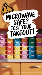 Colorful plastic takeout containers stacked in a kitchen, highlighting safety for reuse.