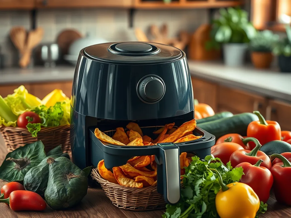 Air fryer with fresh and vibrant chips surrounded by vegetables, perfect for reviving stale chips.