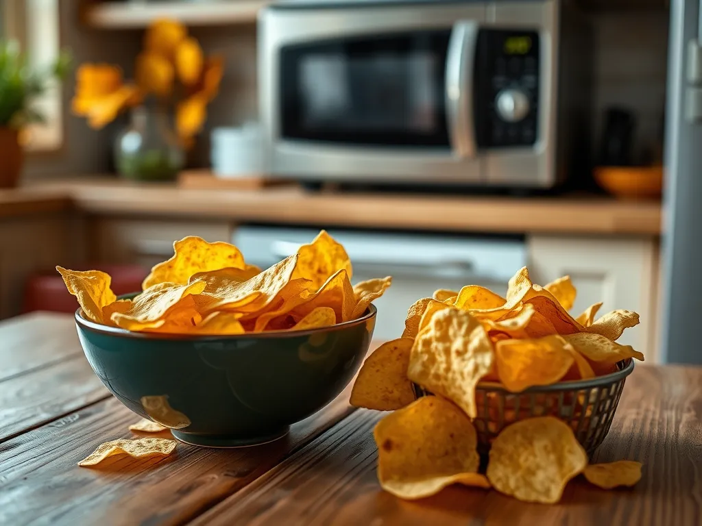 Bowls of stale chips ready to be revived in 30 seconds for a crunchy snack