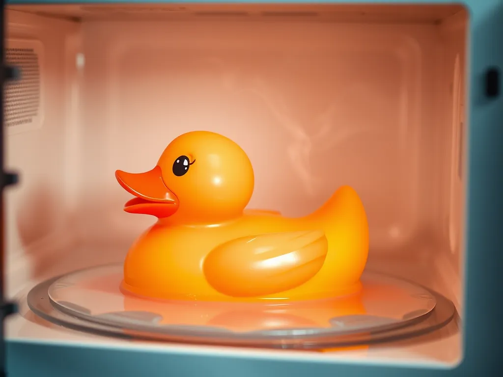 A rubber duck in a microwave, illustrating why it's a bad idea.