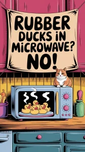 Illustration of rubber ducks in a microwave with a warning message about their safety.