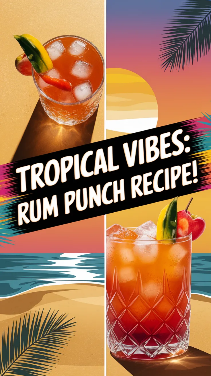 Colorful rum punch cocktail with tropical garnishes and beach background.