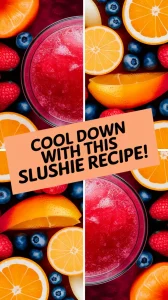 Colorful Sangria Slushie with mixed fruits including oranges, berries, and blueberries, perfect for summer.