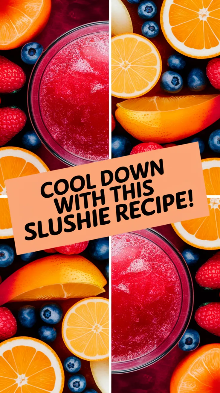 Colorful Sangria Slushie with mixed fruits including oranges, berries, and blueberries, perfect for summer.