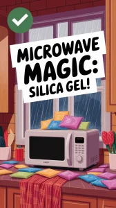 A microwave with silica gel packets on a countertop to prevent rust in humid kitchens.