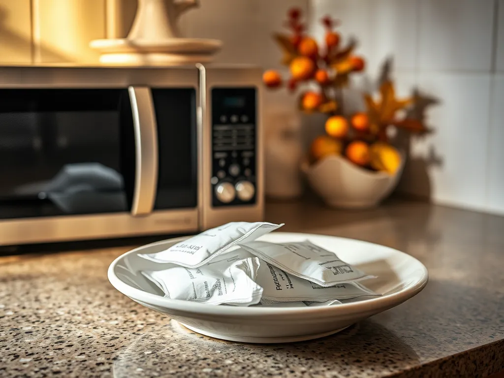 Silica gel packets on a plate in front of a microwave to prevent rust in humid kitchens.
