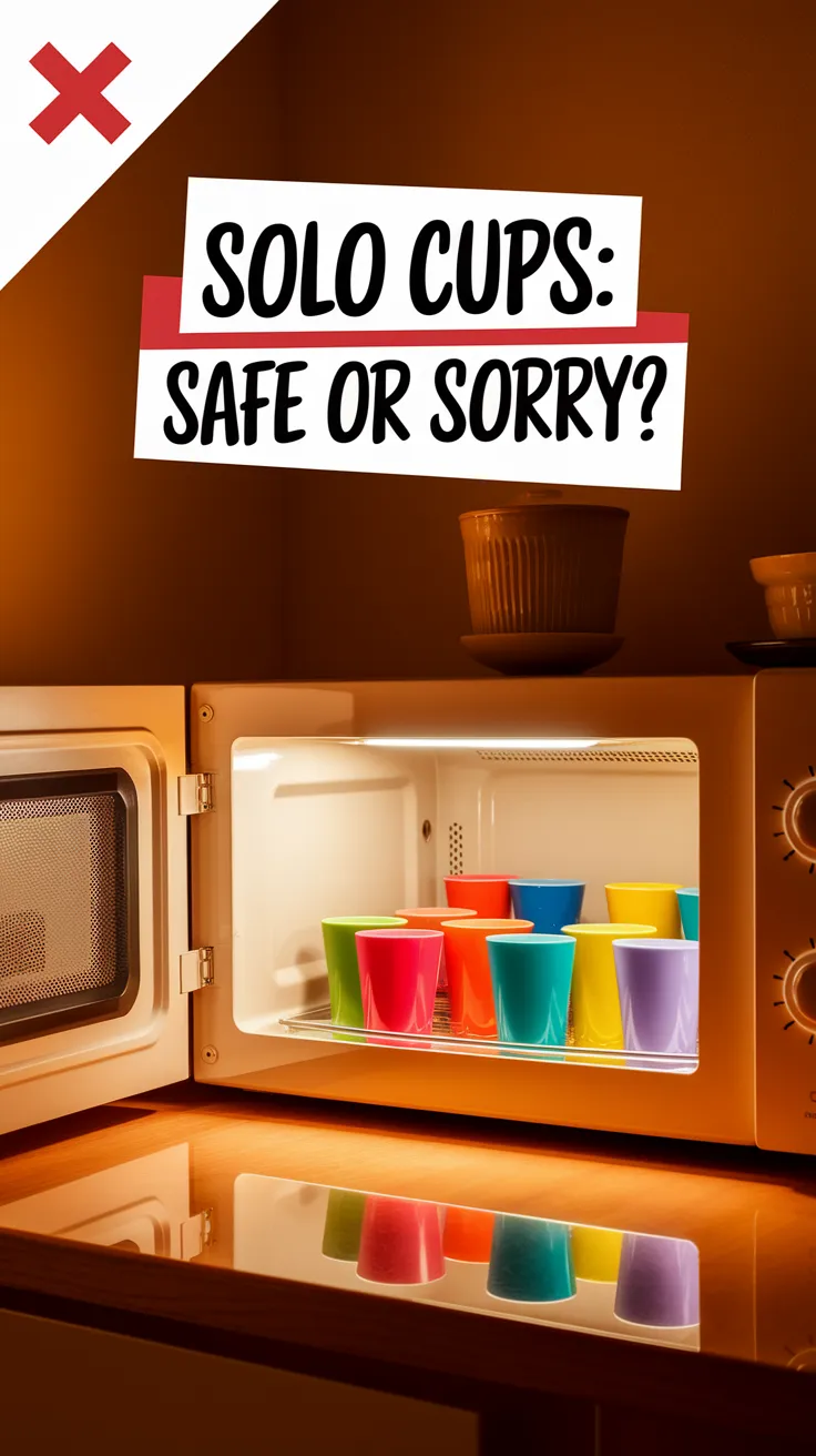 Colorful Solo cups placed inside a microwave, raising questions about fire hazards.