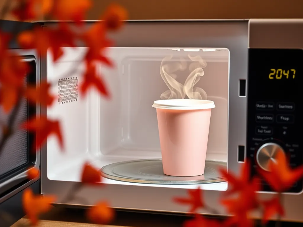 Pink solo cup heating in a microwave, illustrating fire hazard concerns.