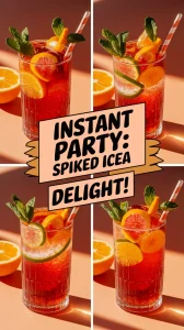 Refreshing spiked iced tea made with microwave steeping, garnished with fruits and mint.