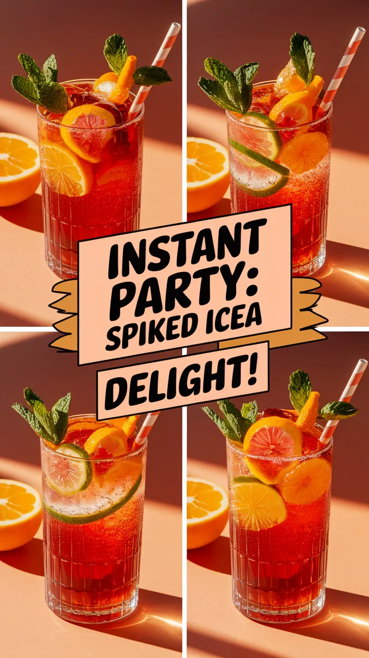 Refreshing spiked iced tea made with microwave steeping, garnished with fruits and mint.