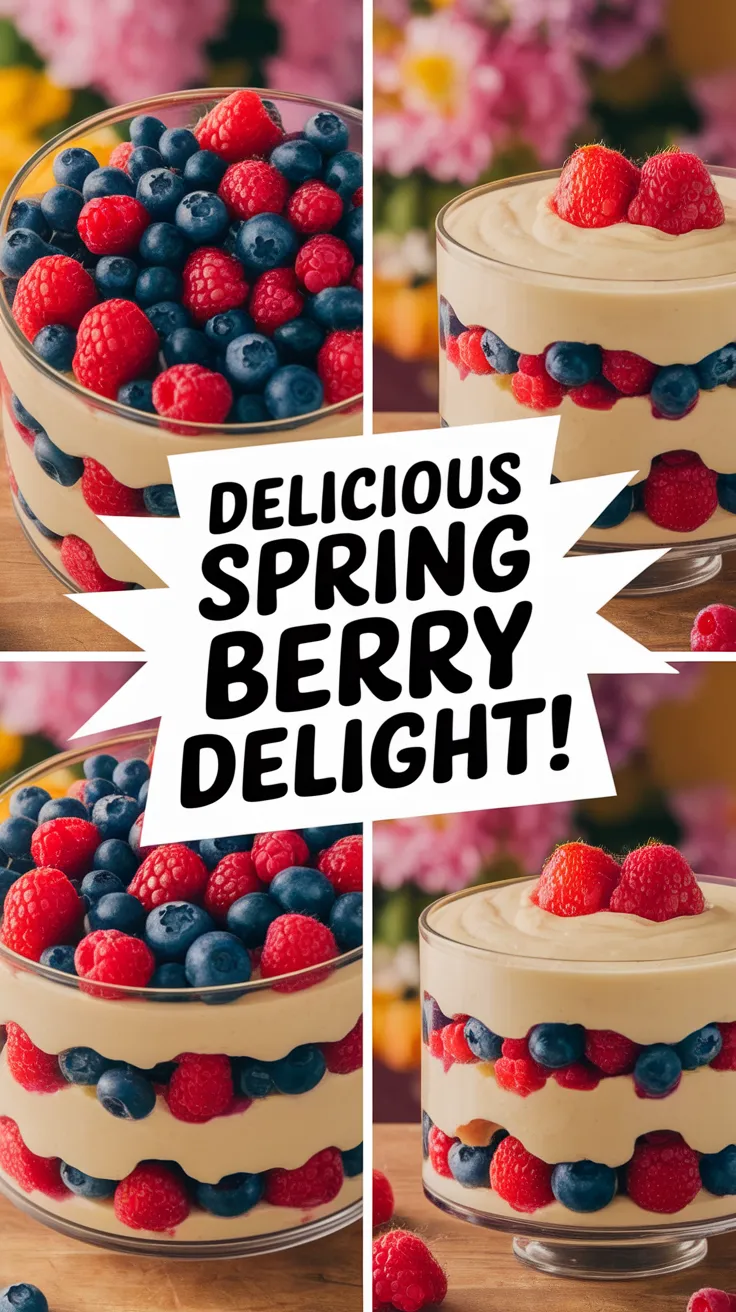 Colorful Spring Berry Trifle with a microwave custard layer, featuring raspberries and blueberries.