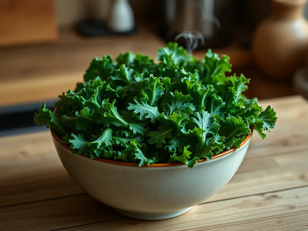 Bowl of fresh kale ready for steaming in the microwave