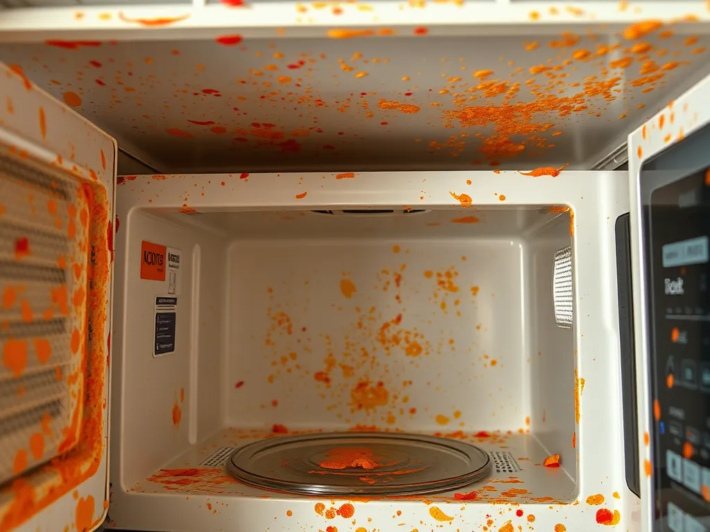 Microwave with stuck-on food debris showing the challenges of removing tough stains.