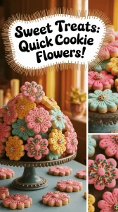 Colorful microwave sugar cookie flowers arranged on a cake stand.
