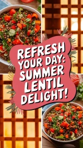 Colorful summer lentil salad with tomatoes and herbs, perfect for hot days.