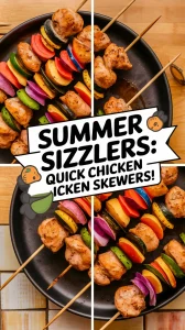 Delicious summer marinated chicken skewers with colorful vegetables.