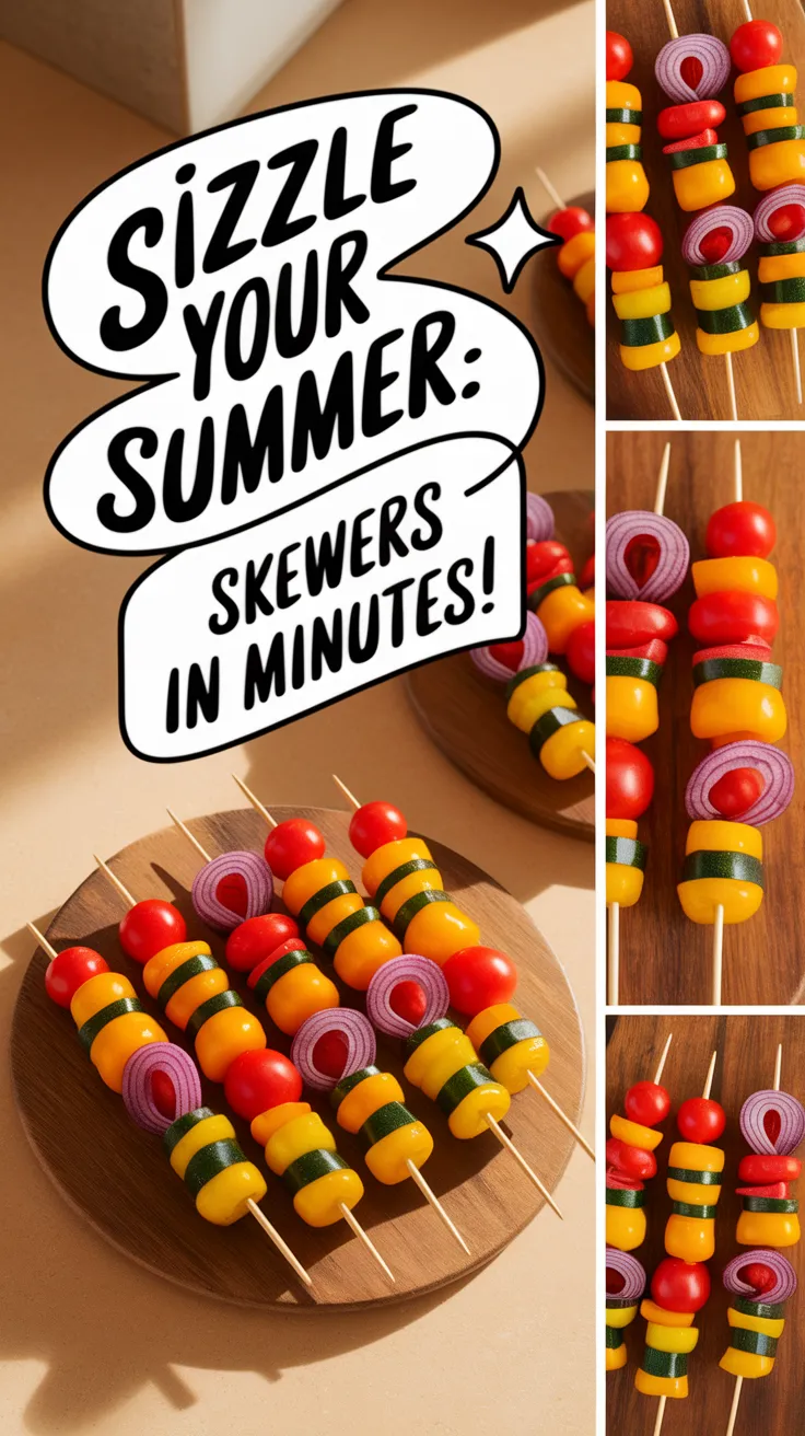 Colorful summer veggie skewers prepared in minutes using a microwave.
