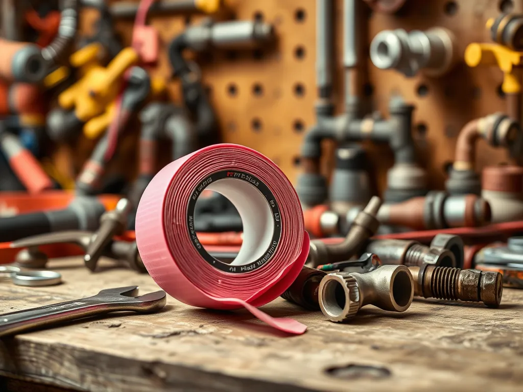 Roll of Teflon tape on a workbench surrounded by plumbing tools