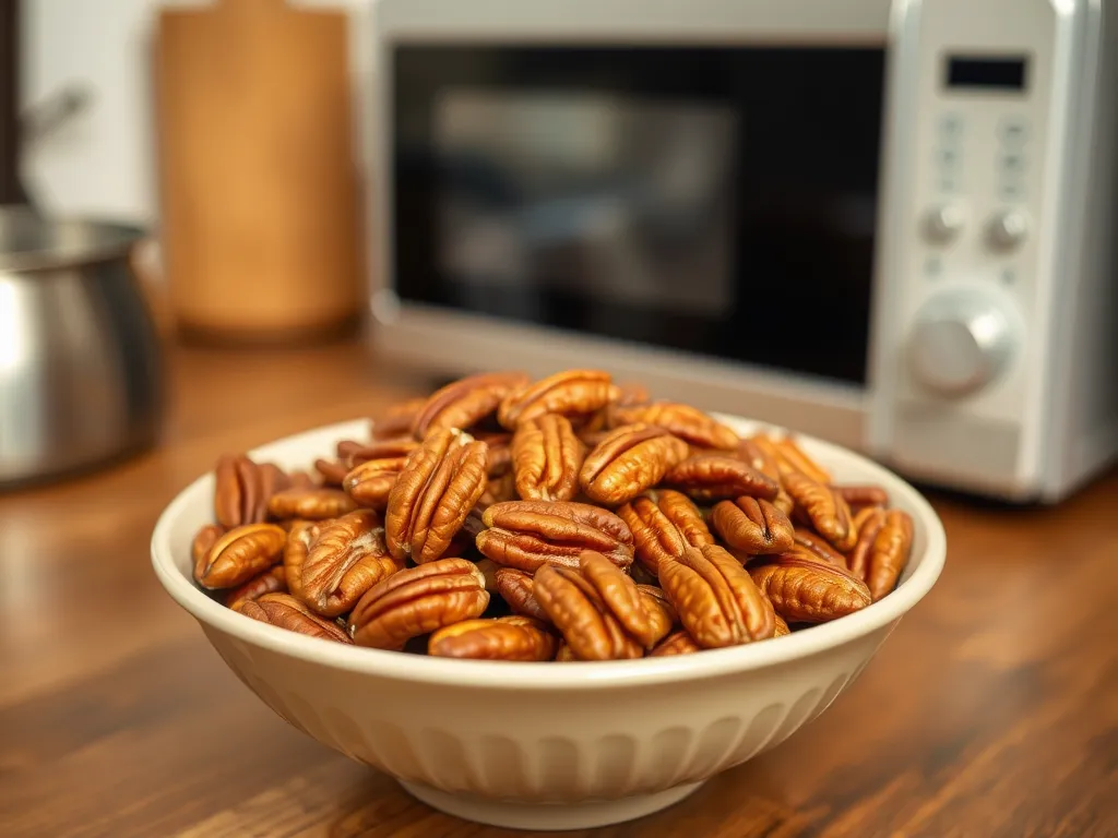 A bowl of toasted pecans ready for use in various recipes cooked in the microwave.
