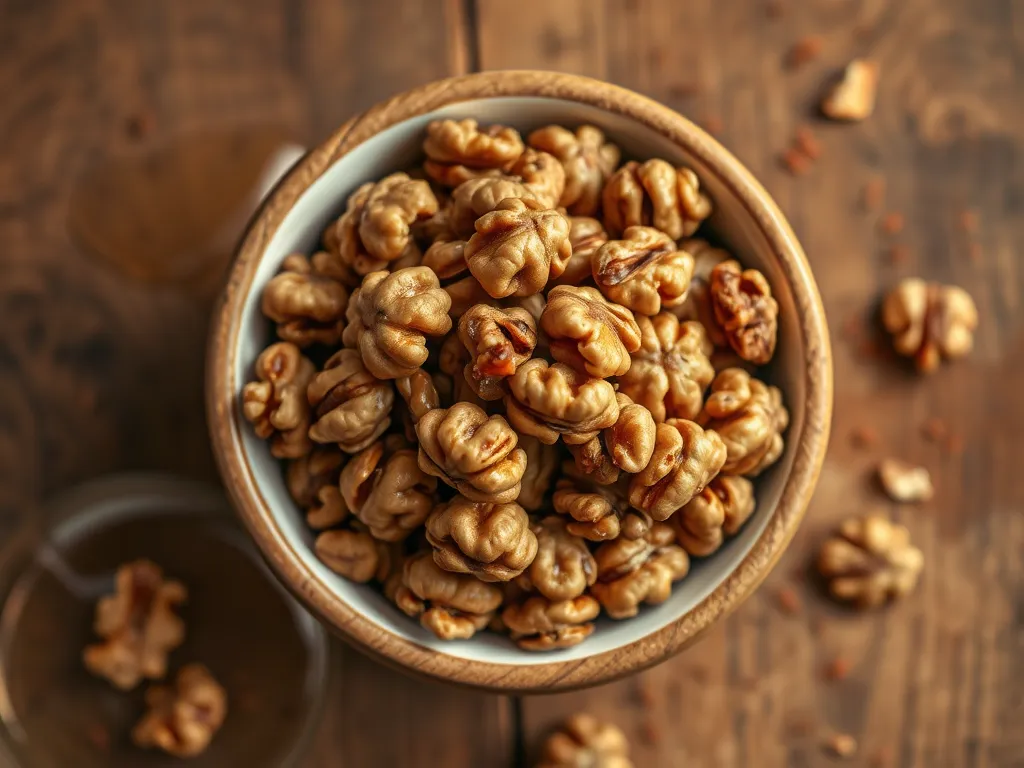 Bowl of toasted pecans and walnuts prepared in the microwave for candies or snacks