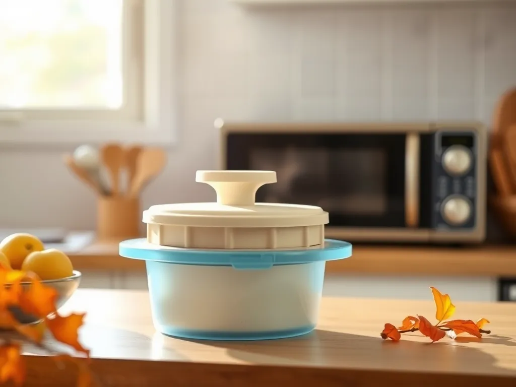 Tofu press on kitchen counter, ideal for microwave use for faster tofu preparation.