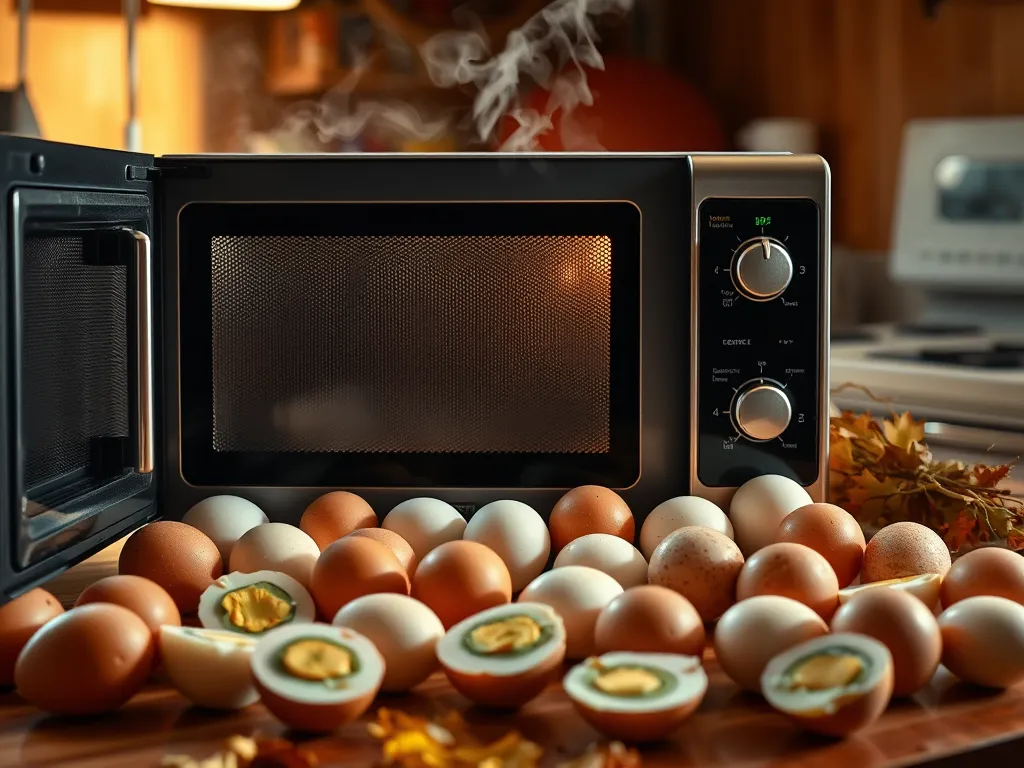 Microwave with eggs surrounding it, highlighting foods that can become toxic when microwaved.