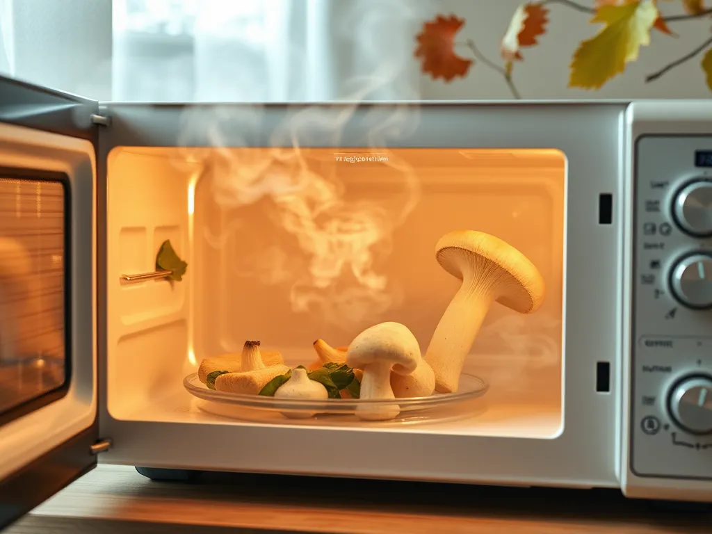 Mushrooms in a microwave emitting steam, showcasing healthy foods that can turn toxic.