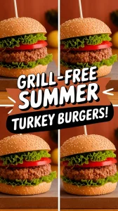 Delicious turkey burgers perfect for summer, featuring fresh lettuce, tomatoes, and sesame seed buns, ideal for microwave cooking.