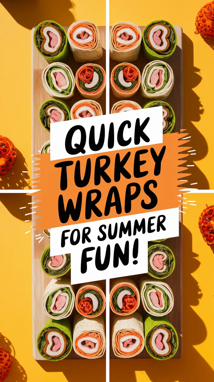 Colorful turkey wraps arranged on a cutting board, perfect for a quick summer meal.