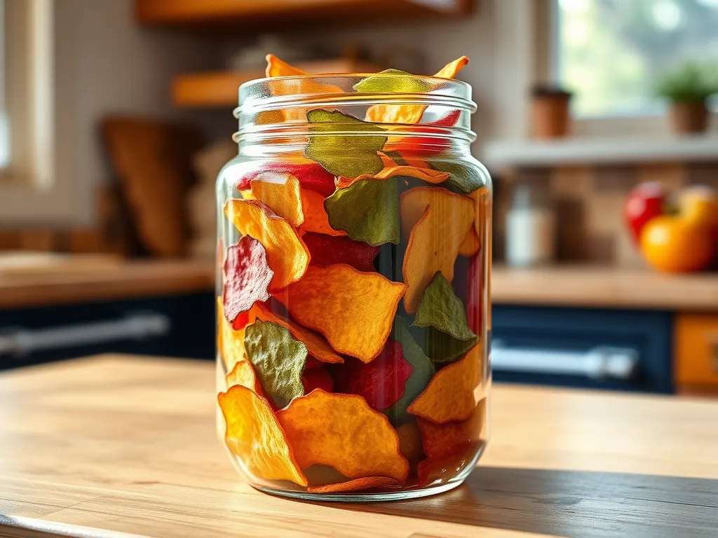 A jar filled with colorful veggie chips, illustrating how to reheat veggie chips without losing crunch.
