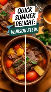 Bowl of venison stew with vegetables, featuring a summer one-pot microwave recipe.