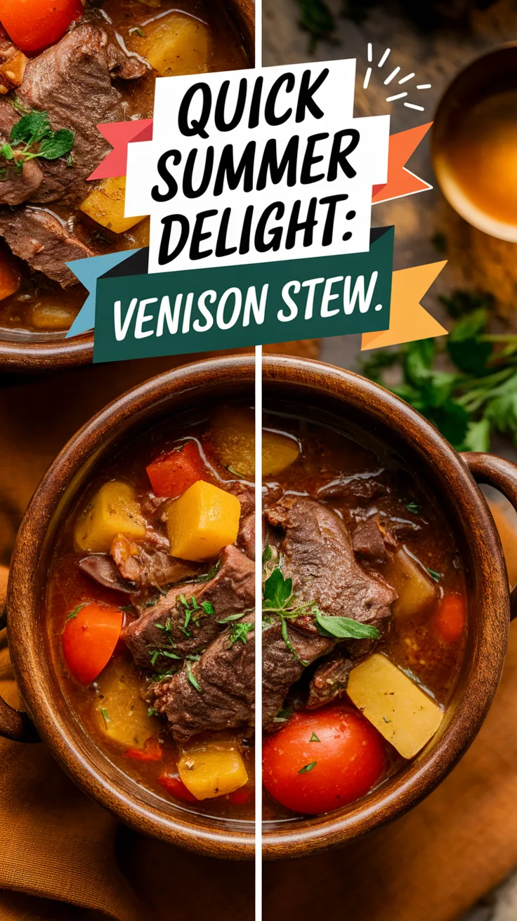 Bowl of venison stew with vegetables, featuring a summer one-pot microwave recipe.