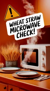 A microwave with wheat straw plates and a warning about microwave safety for wheat straw products.