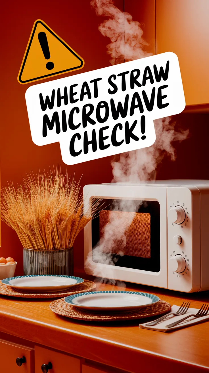 A microwave with wheat straw plates and a warning about microwave safety for wheat straw products.