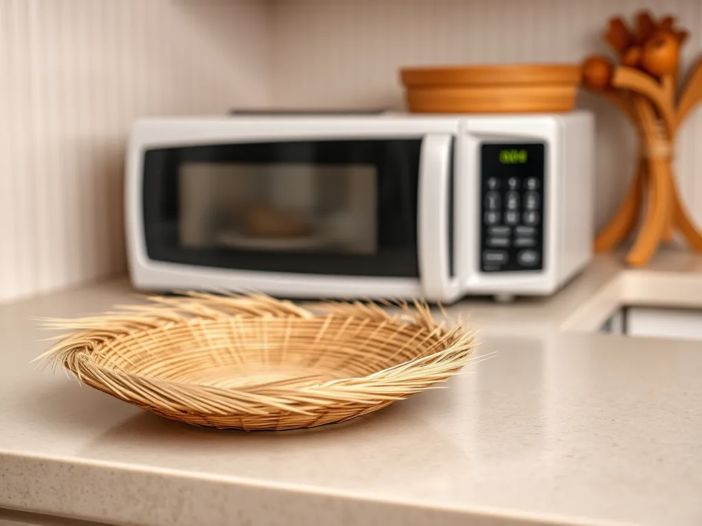A wheat straw plate on a countertop near a microwave, exploring the question of wheat straw microwave safety.